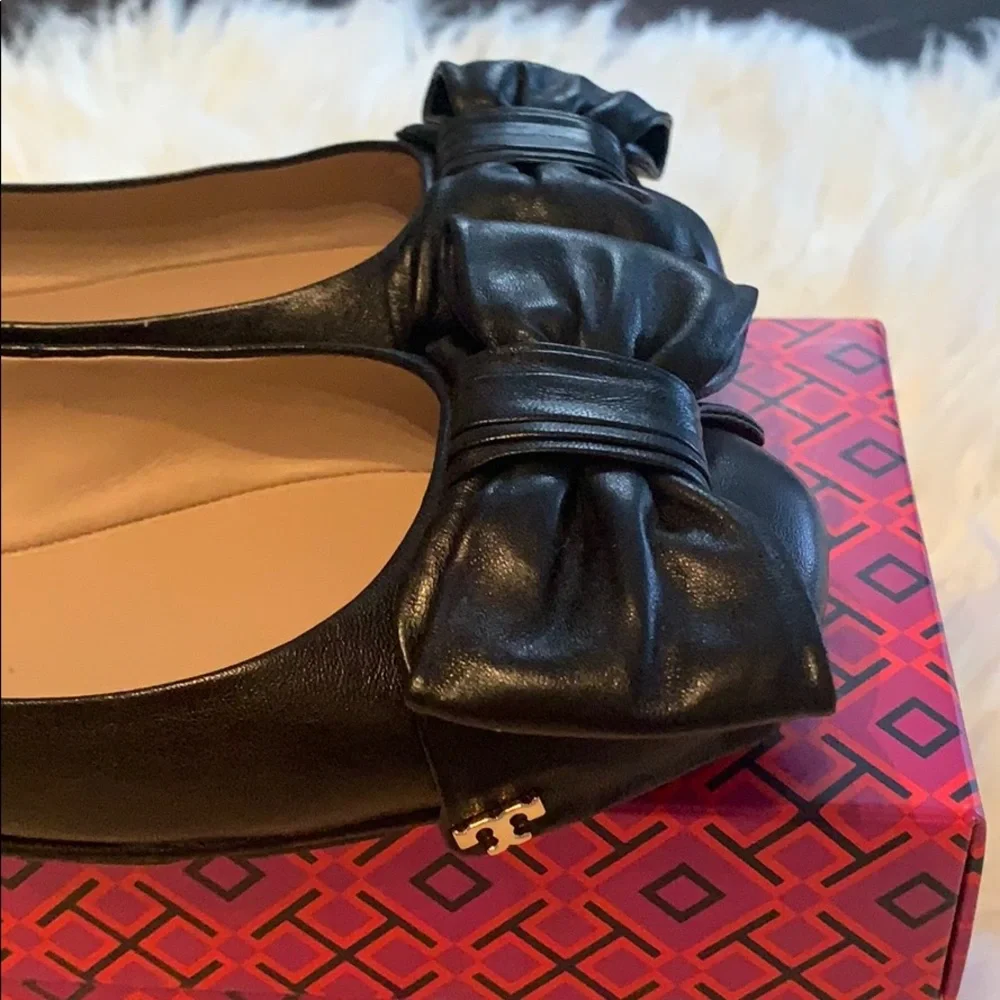Tory Burch Black Leather Bow Ballet Flats